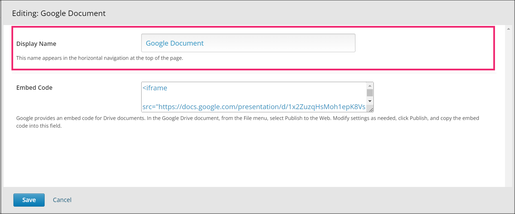 This image shows the editor window and the options to set up the Google Documents XBlock.