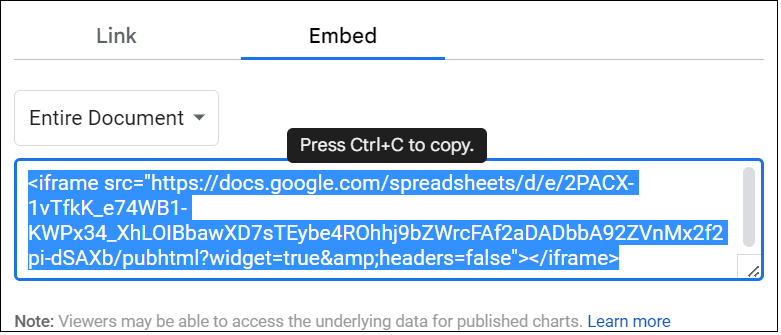 This image shows Publish to web windows where the Embed option is.