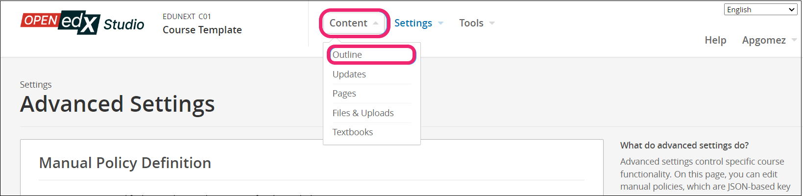 This image shows the Content tab and the Outline option.
