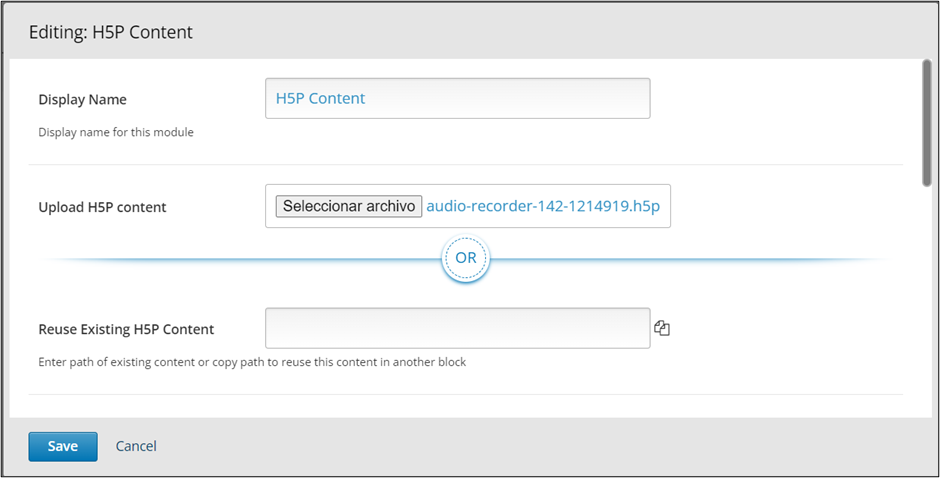 This image shows the editor window and the options to set up the H5P XBlock.