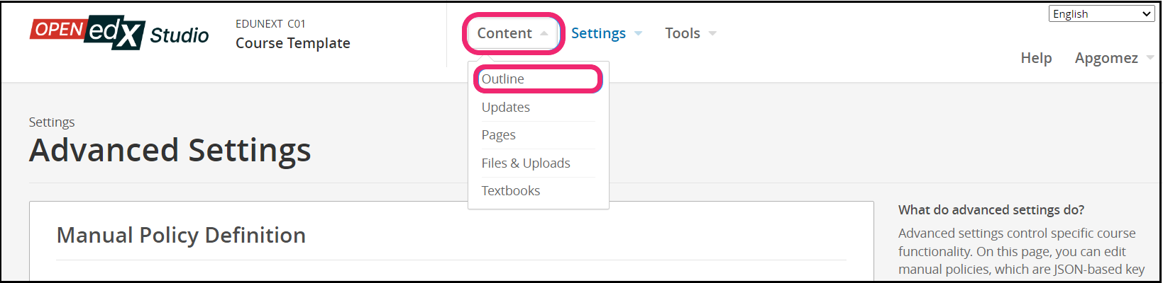 This image shows the Content tab and the Outline option.
