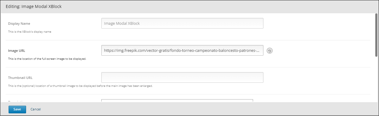 This image shows the editor window and the options to set up the image modal XBlock.